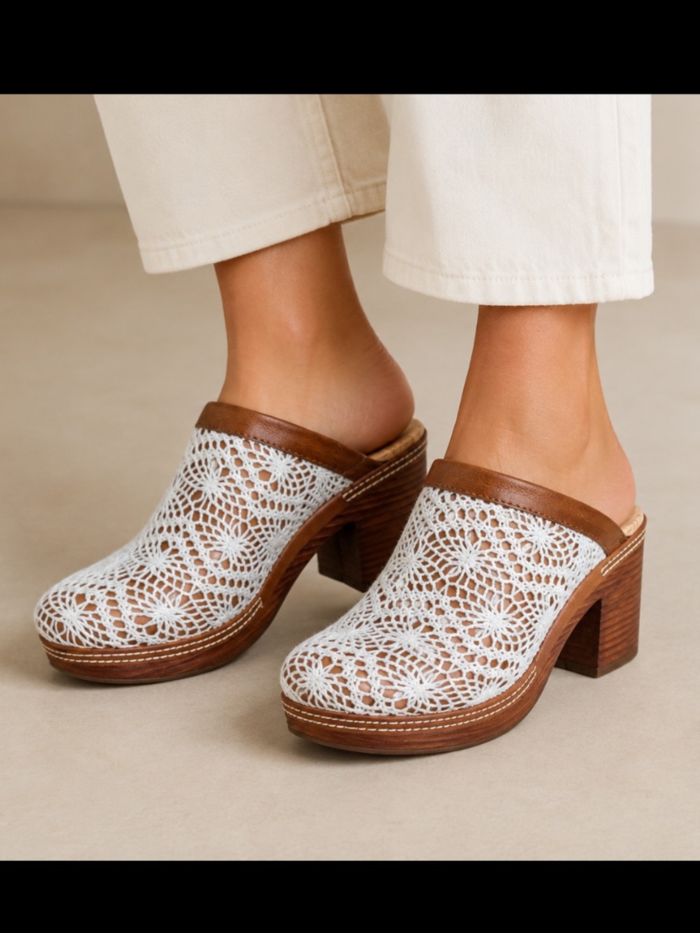 Kork Ease Nora Crocheted Clog Brown White Chunky Heel Boho Feminine Comfort 7